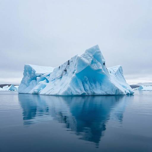 Photograph of large, jagged blue icebergs floating in calm, reflective water under a bright, overcast sky.