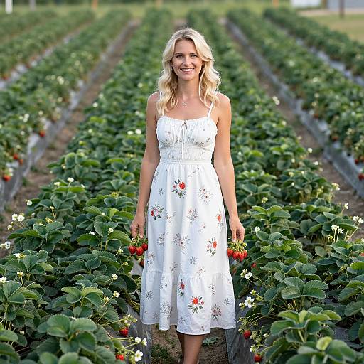 Photograph of a smiling blonde woman in a white floral dress standing in a lush strawberry field, holding small clusters of strawberries.