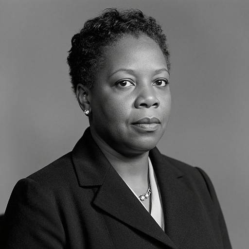 Black-and-white portrait of a serious, attractive, dark-skinned Black woman with short curly hair, wearing a dark blazer and necklace, looking slightly
