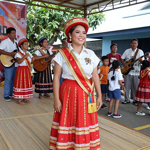 Photograph of a smiling Filipino woman in traditional red dress and hat, standing in front of a group playing guitars and singing, with children and adults in