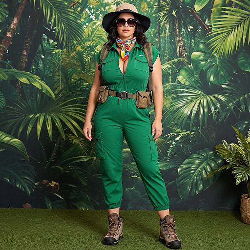 Photograph of a curvy woman with dark hair, wearing a green jungle outfit, safari hat, sunglasses, and boots, standing in a lush,