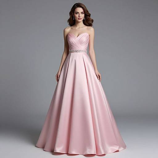 Photograph of a woman with wavy brown hair in a strapless, pink satin ball gown with a sweetheart neckline and wide skirt, standing against a