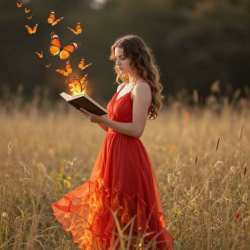 Photograph of a woman with wavy brown hair in a flowing red dress, standing in a sunlit meadow, reading a book while orange butterflies