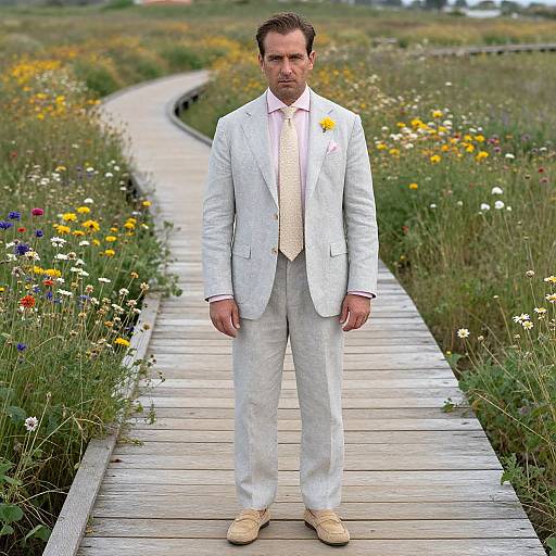 Photograph of a serious, middle-aged man in a white suit, pink tie, and beige shoes standing on a wooden path through a colorful, wild