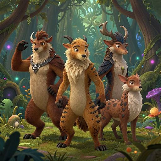 Digital fantasy artwork: Four anthropomorphic, horned, furry creatures with varied fur patterns and colors stand in a vibrant, magical forest, surrounded by glowing