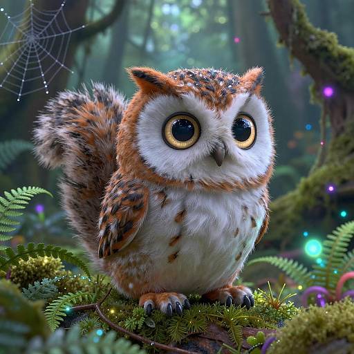 Jewel-Toned Squirrel-Owl in Bioluminescent Forest