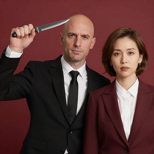 Bald Man and Woman with Knife in Red