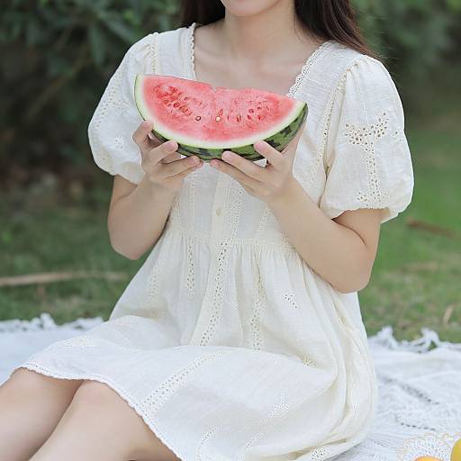 Photograph of an Asian woman in a white, lace-trimmed dress, sitting on a grassy lawn, holding a slice of watermelon.