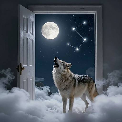 Digital artwork of a howling wolf standing on clouds, moonlit night, open door, stars, and constellation in the background.