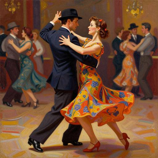 Vibrant, digital painting of a 1940s-style couple dancing in a ballroom, surrounded by other dancers in elegant, colorful attire.