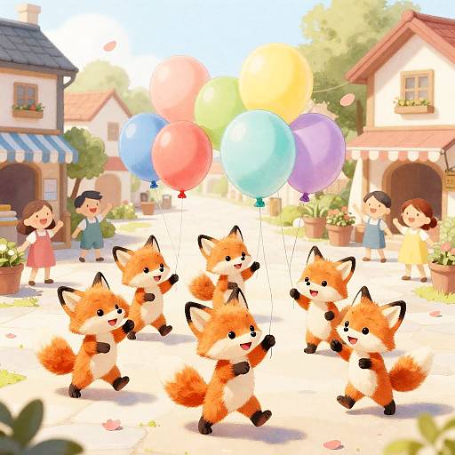 Fox Cubs Playing with Balloons in Village Square
