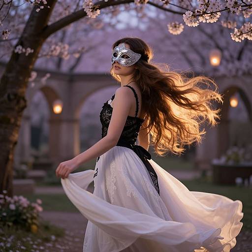 Photograph of a woman with long brown hair, wearing a black lace dress, white mask, and flowing white skirt, dancing under cherry blossoms in
