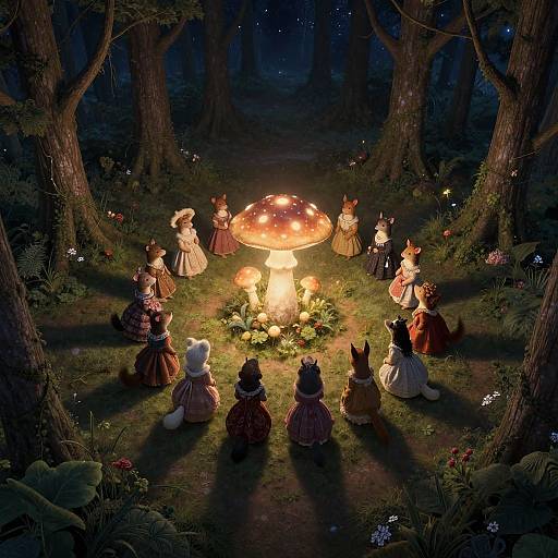 Digital painting of a moonlit forest, featuring twelve anthropomorphic cat girls in Victorian dresses, gathered around a glowing, oversized mushroom, surrounded by flowers and