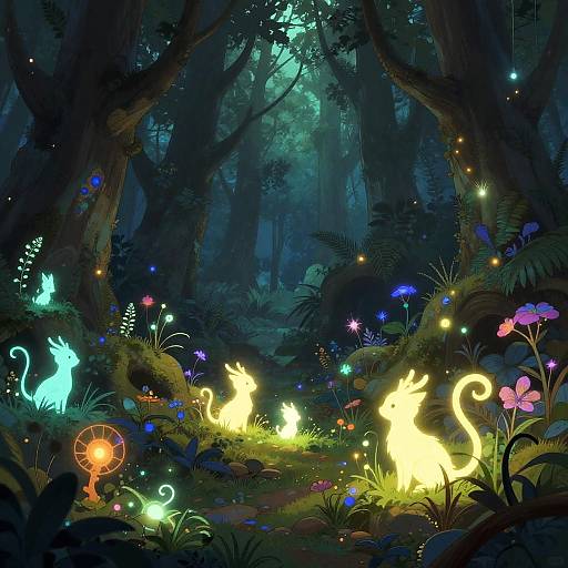 Digital fantasy forest scene with glowing, ethereal creatures and fireflies amidst vibrant flowers and dark trees, illuminated by magical light.
