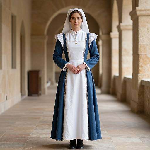 Photograph of a woman in a traditional blue and white nun's habit standing in a stone corridor with arches.