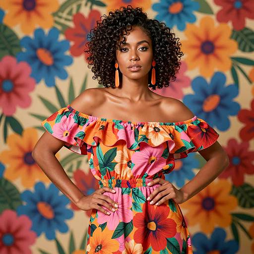 Woman in Colorful Floral Dress with Curly Hair