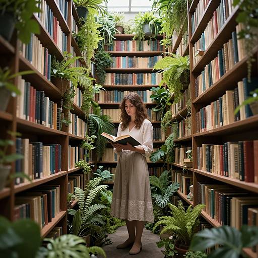 Photograph of a young woman with wavy brown hair, wearing a white, long-sleeved dress, reading a book in a narrow, lush