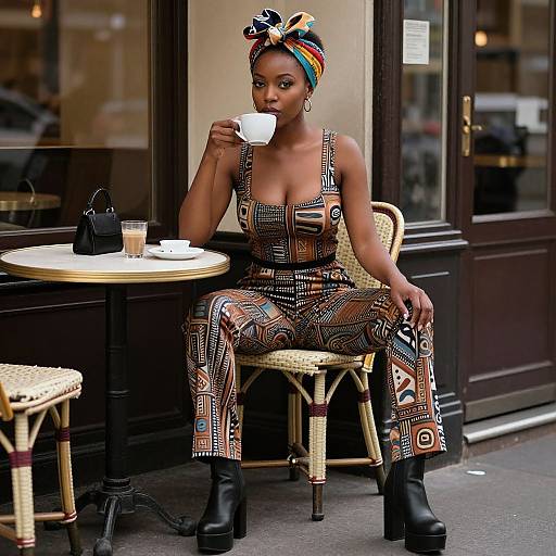 Photograph of a Black woman with dark skin, wearing a colorful geometric jumpsuit, headwrap, and black boots, sipping tea at an outdoor
