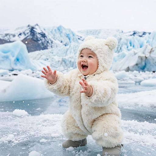 Photograph of a joyful Asian baby in a fluffy white winter coat, standing on icy ground, laughing with arms outstretched, surrounded by snow and
