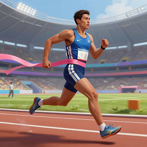 Digital illustration of a muscular Asian male runner in blue athletic gear, white and blue stripes, pink ribbon, and blue shoes, sprinting on a track