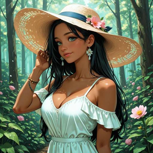 Young Woman in Summer Forest with Hat