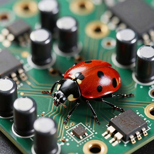 Close-up photograph of a vibrant red ladybug with black spots, crawling on a green circuit board with black and silver components.