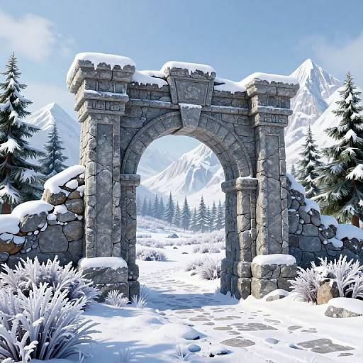 Snow-covered, ancient stone archway in a winter forest, with snow-laden pine trees and distant, snow-capped mountains under a bright blue sky