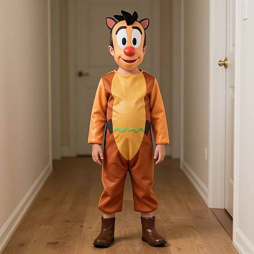Photograph of a child in a colorful, cartoon-style monkey costume with an orange and brown outfit, standing in a narrow, wooden-floored hallway