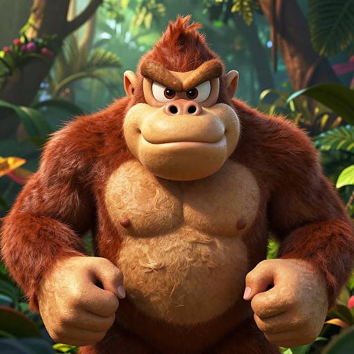 CGI image of muscular, brown-furred, angry-looking Donkey Kong in jungle, fists clenched, intense expression, lush greenery background,