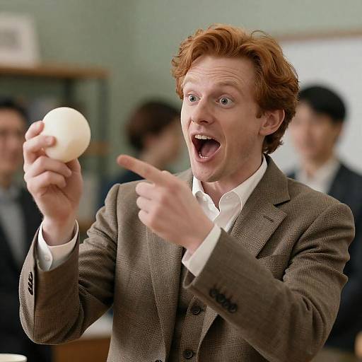 Excited Man with Bun in Plaid Suit