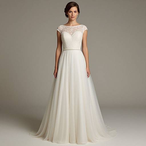 Photograph of a brunette woman in a white, lace-trimmed, short-sleeve, ball-gown wedding dress with a sheer veil,