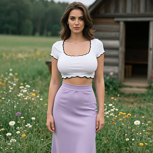 Chic Woman in Floral Meadow