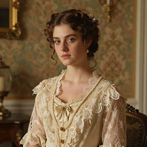 Photograph of a young woman with curly brown hair, fair skin, wearing an elegant, lace-trimmed, cream-colored Victorian dress, in a