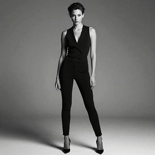 Photograph of a confident, curly-haired woman in a black sleeveless V-neck jumpsuit and high heels, standing against a gradient gray background.