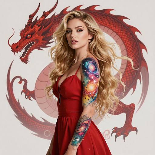 Blonde Woman with Galaxy Tattoo and Red Dragon Background