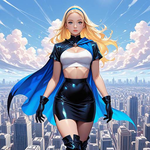 Digital anime-style drawing of a blonde woman with blue cape, white crop top, black skirt, and gloves, standing over a cityscape.