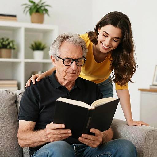 Older Man Reading with Smiling Companion
