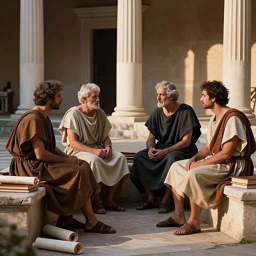Photograph of four men with white and gray hair, wearing ancient Greek-style robes, sitting in a sunlit, classical temple courtyard, engaged in conversation