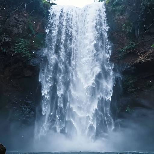 Photograph of a powerful, illuminated waterfall cascading down a dark, rocky cliff surrounded by dense, green foliage. Mist rises from the base.