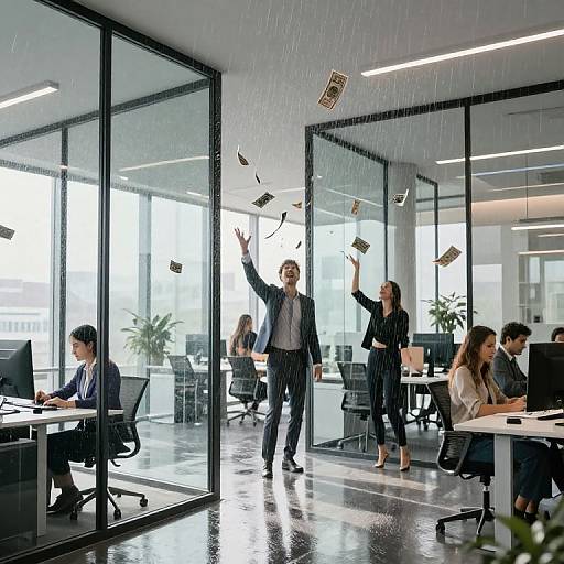 Photograph of a modern office with glass walls, showing a man and woman throwing money while colleagues work, rain visible outside.