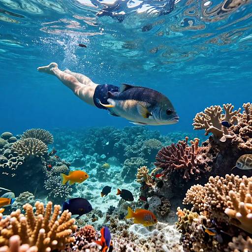 Photograph of a vibrant underwater scene with a large blue and white fish swimming above colorful coral reefs and small, bright orange fish. Blue water ripples