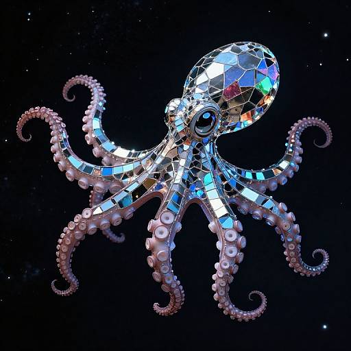 Digital mosaic octopus with reflective, multicolored tiles on a black starry background, featuring pink suckers and curled tentacles.