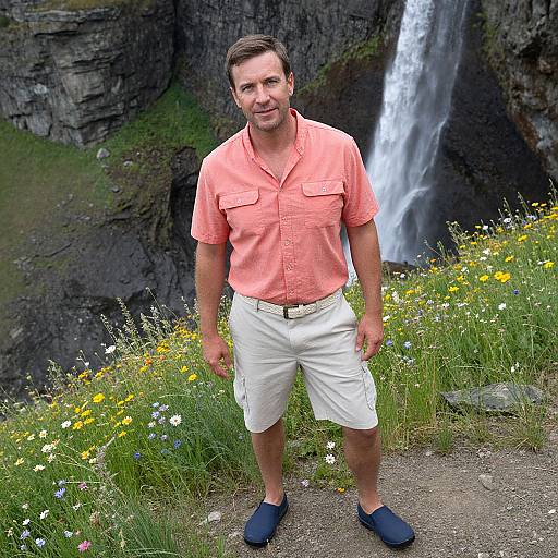 Photograph of a smiling middle-aged man with short brown hair, wearing a coral shirt, white shorts, and blue shoes, standing in front of a