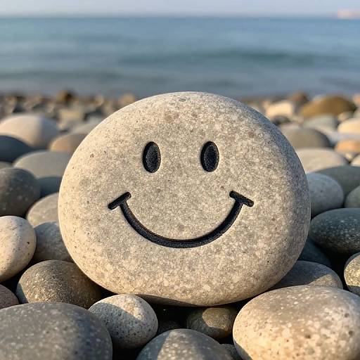 Photograph of a round, gray, textured stone with a black smiley face drawn on it, surrounded by smooth, multicolored pebbles