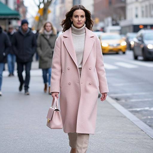Photograph of a confident woman with wavy brown hair, wearing a light pink coat, white turtleneck, beige pants, and pink handbag