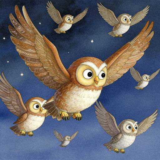 Colorful Watercolor Owls at Night