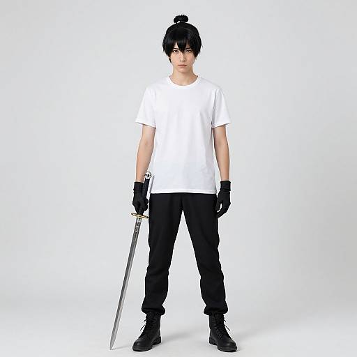Photograph of a young Asian man with black hair in a bun, wearing a white t-shirt, black pants, gloves, and boots, holding a