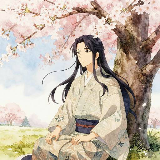 Anime-style digital drawing of a long-haired, black-haired man in a white floral kimono, sitting under a blooming cherry tree.
