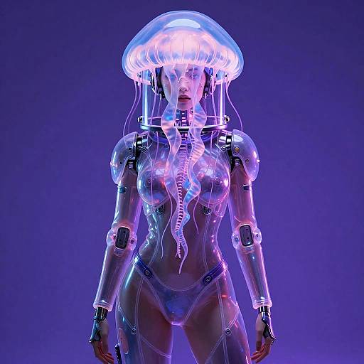 CGI image of a glowing, futuristic, humanoid jellyfish woman with translucent, neon-blue jellyfish dome and cybernetic arms and legs against a