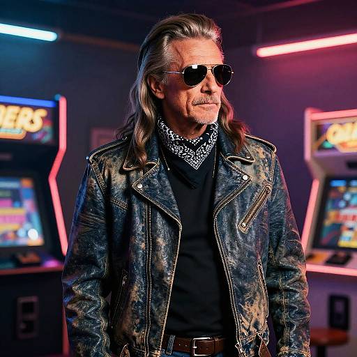 Vintage Mullet Biker in Neon Arcade